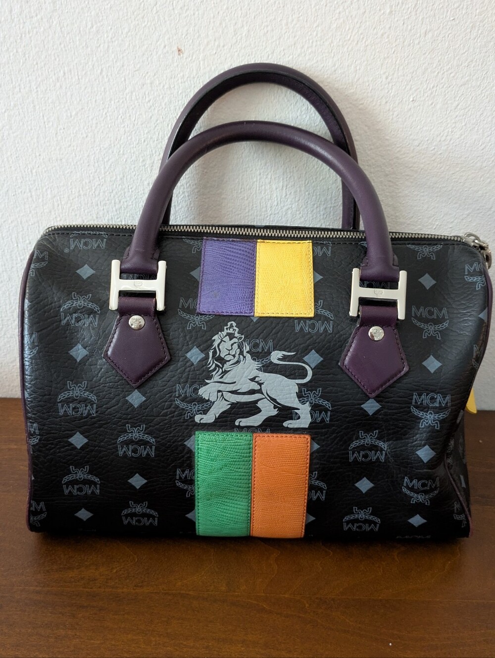 MCM Princess Lion Boston Bag Black Visetos Multicolor Patchwork Leather Trim